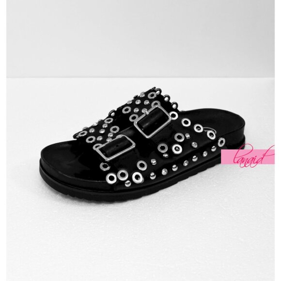 Ash Universe Slide Sandal Black Leather Studded Crystals Birks Flats Edgy Gothic - Picture 7 of 17